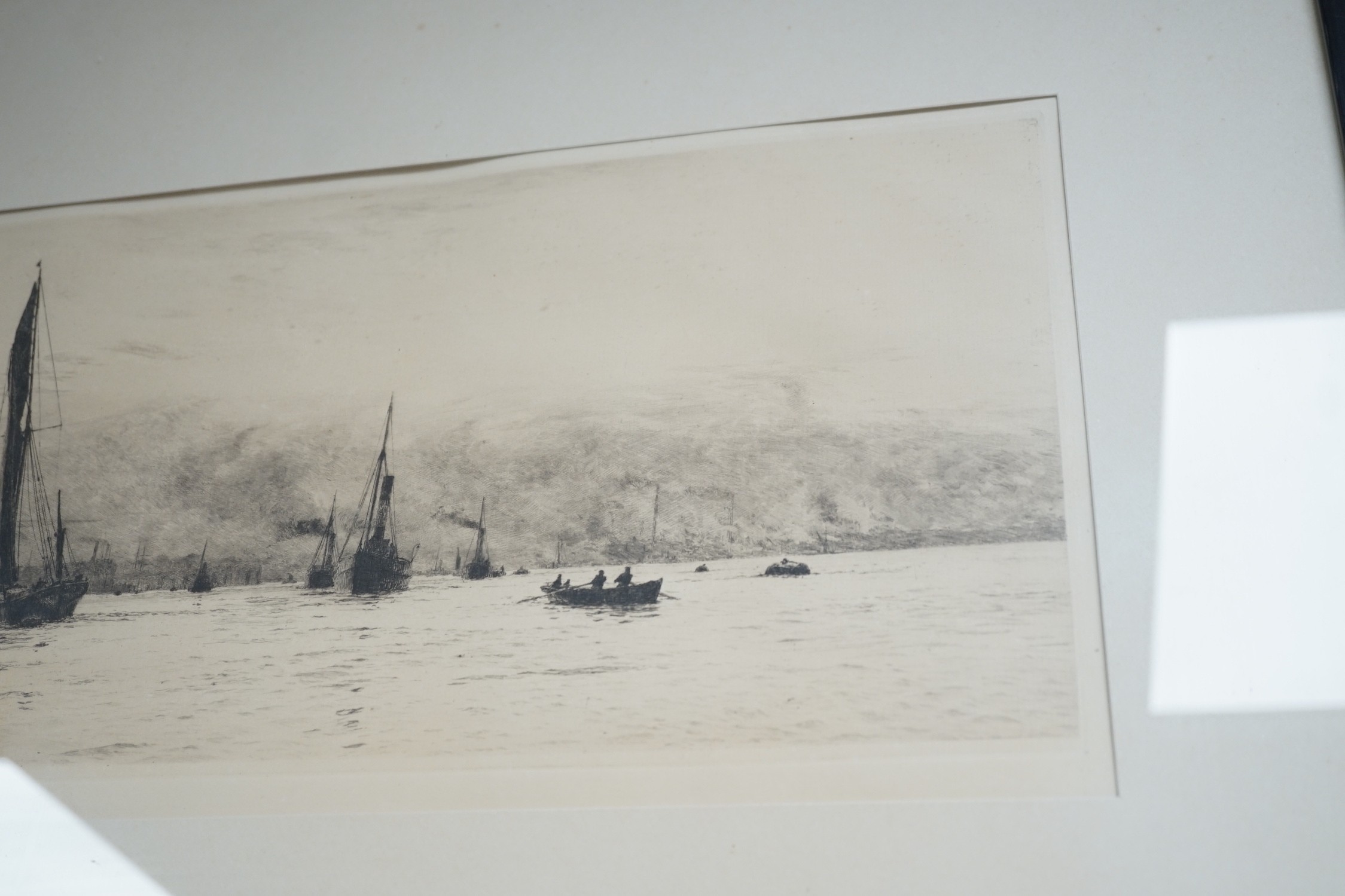 William Lionel Wylie (1851-1931), drypoint etching, Ships in convoy, signed in pencil outside the plate, 12 x 34cm, together with another similar, unsigned, 20 x 50 cm